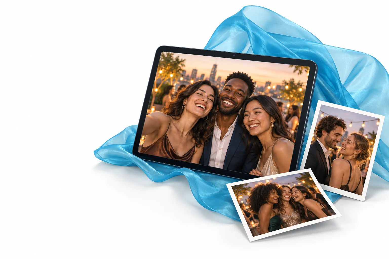 A device on a stand showing a group photo, with two photos in front of it and a fold of cyan fabric